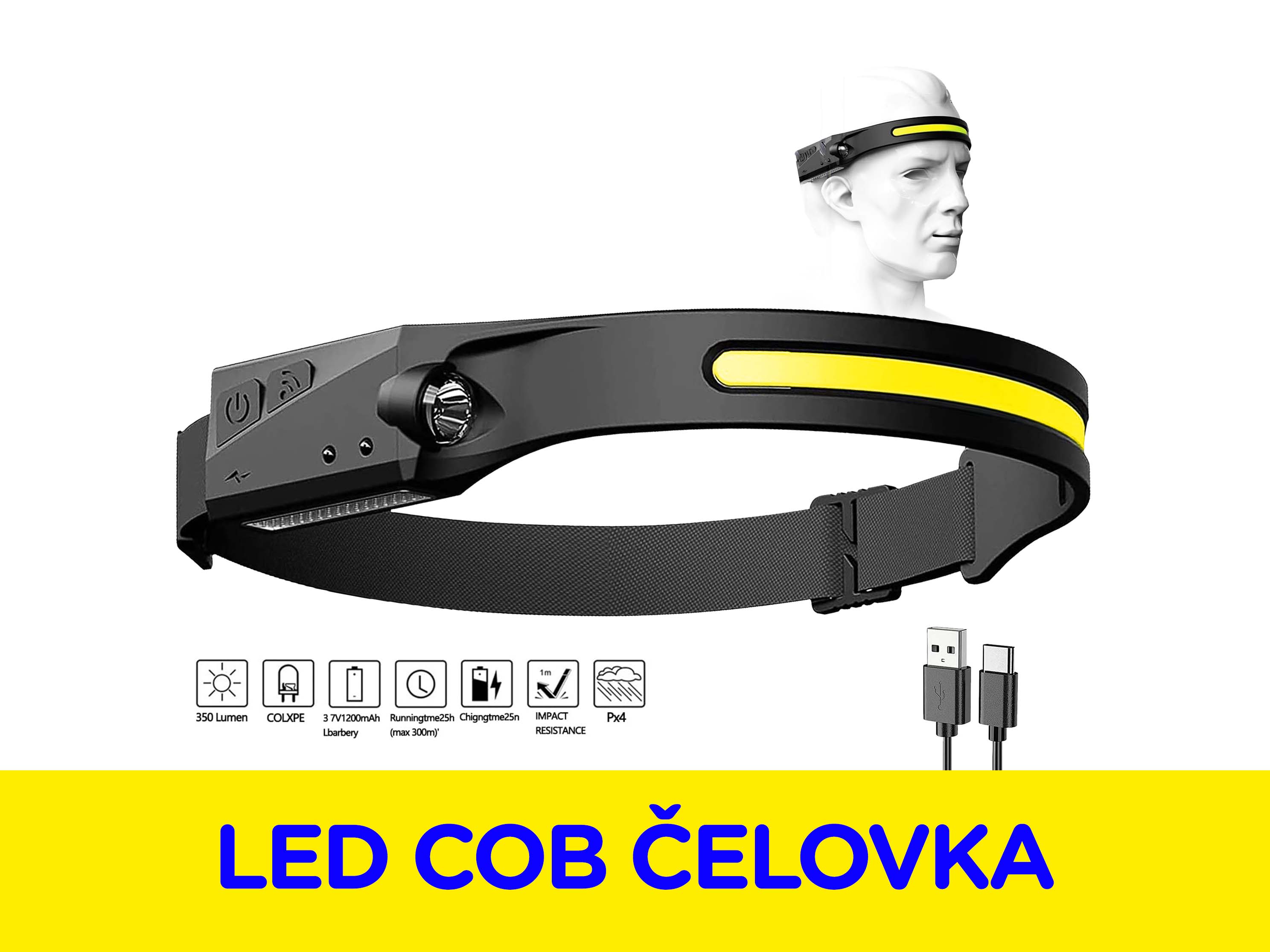 Výhodný set 10 balení LED čelovek - dobíjecích, voděodolných, s pohybovým senzorem a 230° zdrojem světla